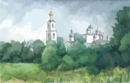 simsearch:400-06638923,k - Russian landscape with a monastery in summer, watercolor Foto de stock - Royalty-Free Super Valor e Assinatura, Número: 400-08706905