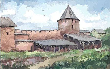 simsearch:400-06638923,k - Wall of the monastery in summer, watercolor Photographie de stock - Aubaine LD & Abonnement, Code: 400-08706903