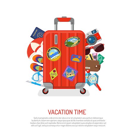 Vacation, Tourism and Summer Concept with Flat Icons for Web Site, Advertising like suitcase with passport, map, wallet, camera and diving mask. Isolated vector illustration. Photographie de stock - Aubaine LD & Abonnement, Code: 400-08707254