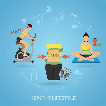 simsearch:400-08532856,k - Healthy Lifestyle and Fitness Concept for Mobile Applications, Web Site, Advertising like Yoga, Exercise Bike, Food and Waist Flat icons. Vector illustration Stock Photo - Budget Royalty-Free & Subscription, Code: 400-08707260