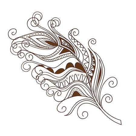 simsearch:400-08647106,k - Hand drawn decorated monochrome feather isolated on white. Boho style. Image for adult and children coloring books, pages, tattoo, decorate dishes, cups, porcelains, shirts, dresses, bags, tunics. EPS 10. Foto de stock - Super Valor sin royalties y Suscripción, Código: 400-08707477