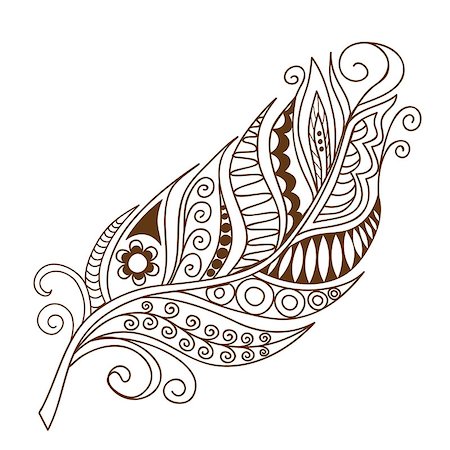 simsearch:400-08647106,k - Hand drawn decorated monochrome feather isolated on white. Boho style. Image for adult and children coloring books, pages, tattoo, decorate dishes, cups, porcelains, shirts, dresses, bags, tunics. EPS 10. Foto de stock - Super Valor sin royalties y Suscripción, Código: 400-08707478