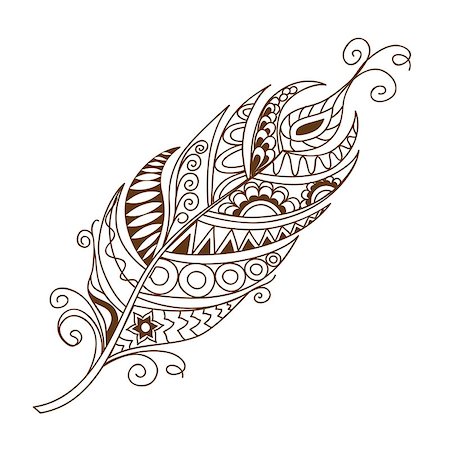 simsearch:400-08647106,k - Hand drawn decorated monochrome feather isolated on white. Boho style. Image for adult and children coloring books, pages, tattoo, decorate dishes, cups, porcelains, shirts, dresses, bags, tunics. EPS 10. Foto de stock - Super Valor sin royalties y Suscripción, Código: 400-08707479