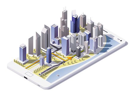 Isometric low poly city downtown streets on the smartphone screen with route Stock Photo - Budget Royalty-Free & Subscription, Code: 400-08707516