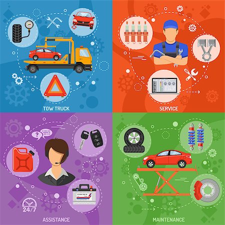 Car Service, Roadside Assistance and Maintenance Banners with Flat Icons Mechanic, Support and Tow Truck. Vector illustration. Stock Photo - Budget Royalty-Free & Subscription, Code: 400-08707554