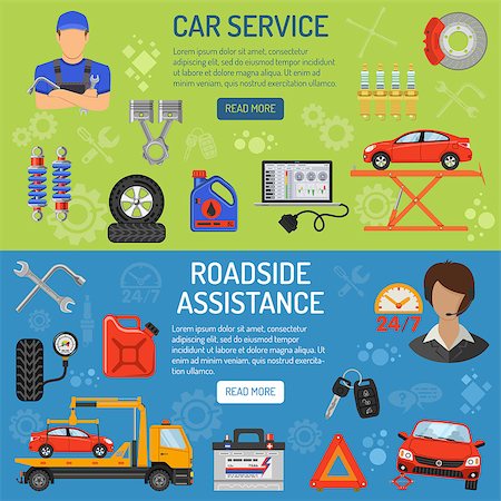 Car Service and Roadside Assistance Horizontal Banners with Flat Icons. Vector illustration. Stock Photo - Budget Royalty-Free & Subscription, Code: 400-08707550