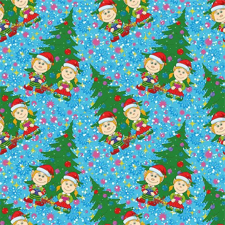 Seamless holiday Christmas background, cartoon child elves with gift boxes near fir tree. Vector Stock Photo - Budget Royalty-Free & Subscription, Code: 400-08707682