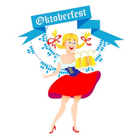 Cute cartoon Oktoberfest german girl waitress in traditional clothes with beer. Vector illustration Stock Photo - Budget Royalty-Free & Subscription, Code: 400-08707754