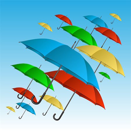 simsearch:400-04921907,k - Colorful umbrellas flying high in blue sky. Vector illustration Foto de stock - Super Valor sin royalties y Suscripción, Código: 400-08707810