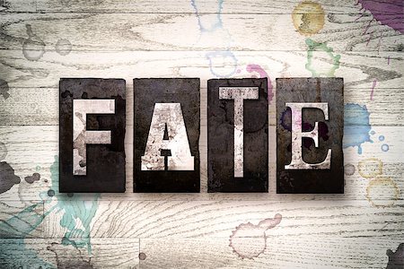 simsearch:400-08709089,k - The word "FATE" written in vintage dirty metal letterpress type on a whitewashed wooden background with ink and paint stains. Foto de stock - Royalty-Free Super Valor e Assinatura, Número: 400-08707929