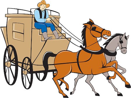 Illustration of a stagecoach driver riding a carriage driving two horses on isolated white background done in cartoon style. Photographie de stock - Aubaine LD & Abonnement, Code: 400-08707964