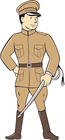 simsearch:400-08919969,k - Illustration of a World War one British officer soldier serviceman standing facing front with sword on isolated white background  done in cartoon style. Foto de stock - Super Valor sin royalties y Suscripción, Código: 400-08707969