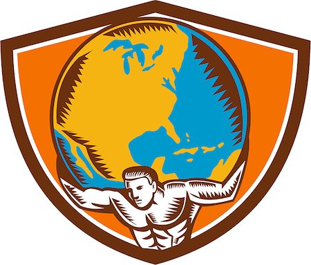 Illustration of Atlas carrying lifting globe world earth on his back set inside shield crest on isolated background done in retro woodcut style. Photographie de stock - Aubaine LD & Abonnement, Code: 400-08707971