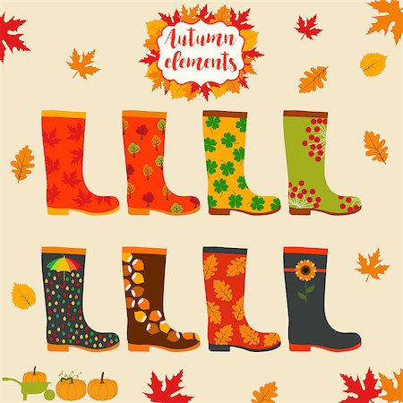 simsearch:400-05327098,k - Rain boot, rubber boots. Wellington rain boots set. Autumn elements. Creative rubber boots design template Stock Photo - Budget Royalty-Free & Subscription, Code: 400-08708336