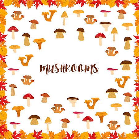 Mushrooms, autumn pattern, frame made of leaves. Vector illustration Photographie de stock - Aubaine LD & Abonnement, Code: 400-08708331