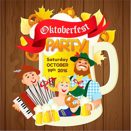 simsearch:400-08198906,k - Oktoberfest party flyer. Girl and two men with beer. Vector flat cartoon illustration Fotografie stock - Microstock e Abbonamento, Codice: 400-08708343