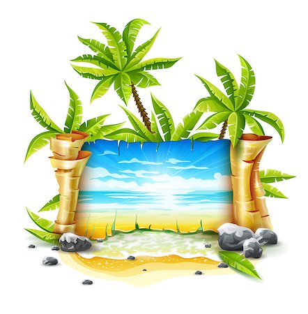 Travel banner with old parchment paper script and sea skyline with waves and clouds landscape. Paradise Island resort, tropical coconut palms on sand beach water breakers, vector illustration isolated Stockbilder - Microstock & Abonnement, Bildnummer: 400-08708354