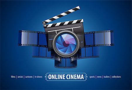 Online movie theater cinema art concept. Creative icon design with clapper, film tape and glass lens. Vector illustration Stock Photo - Budget Royalty-Free & Subscription, Code: 400-08708355