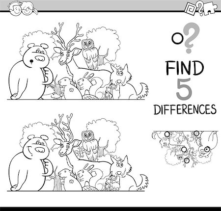 simsearch:400-08551227,k - Black and White Cartoon Illustration of Finding Differences Educational Activity Task for Children with Wild Animal Characters for Coloring Book Stock Photo - Budget Royalty-Free & Subscription, Code: 400-08708514