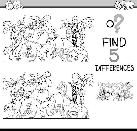 simsearch:400-08916719,k - Black and White Cartoon Illustration of Finding Differences Educational Activity Task for Preschool Children with Wild Animal Characters for Coloring Book Stock Photo - Budget Royalty-Free & Subscription, Code: 400-08708516
