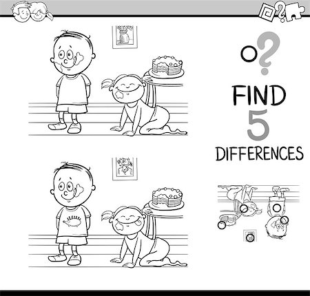 simsearch:400-08916719,k - Black and White Cartoon Illustration of Finding Differences Educational Activity Task for Kids with Child Characters for Coloring Book Stock Photo - Budget Royalty-Free & Subscription, Code: 400-08708518