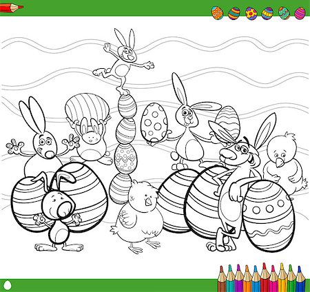 simsearch:400-06638864,k - Black and White Cartoon Illustration of Happy Easter Bunny and Chick Characters with Eggs Coloring Book Stock Photo - Budget Royalty-Free & Subscription, Code: 400-08708520