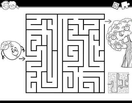 simsearch:400-07055397,k - Black and White Cartoon Illustration of Education Maze or Labyrinth Activity Game for Children with Apple and the Tree Coloring Book Photographie de stock - Aubaine LD & Abonnement, Code: 400-08708540