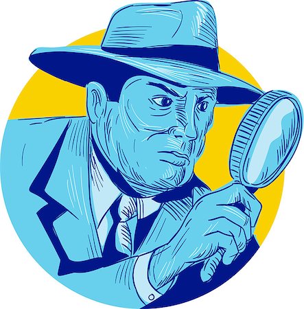 Drawing sketch style illustration of a detective policeman police officer holding magnifying glass set inside circle on isolated background. Foto de stock - Super Valor sin royalties y Suscripción, Código: 400-08708675