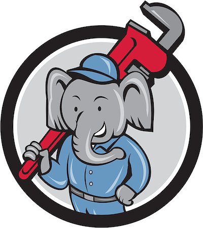 person holding monkey wrench - Illustration of an african elephant plumber mascot holding monkey wrench on shoulder set inside circle on isolated background done in cartoon style. Stock Photo - Budget Royalty-Free & Subscription, Code: 400-08708738