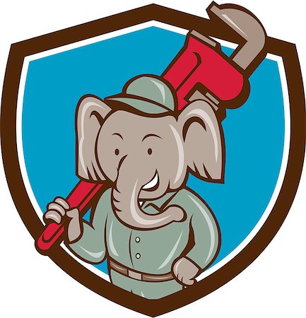 person holding monkey wrench - Illustration of an african elephant plumber mascot holding monkey wrench on shoulder set inside shield crest on isolated background done in cartoon style. Stock Photo - Budget Royalty-Free & Subscription, Code: 400-08708739