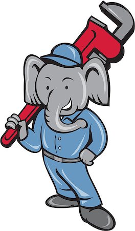 person holding monkey wrench - Illustration of an african elephant plumber mascot standing holding monkey wrench on shoulder set on isolated white background done in cartoon style. Stock Photo - Budget Royalty-Free & Subscription, Code: 400-08708740