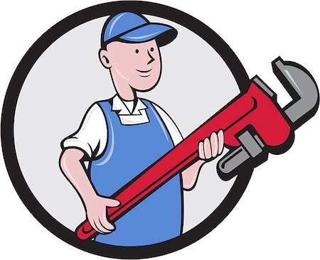 Illustration of a mechanic cradling holding giant pipe wrench looking to the side viewed from front set inside circle on isolated background done in cartoon style. Stock Photo - Budget Royalty-Free & Subscription, Code: 400-08708742