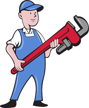 simsearch:400-07224048,k - Illustration of a mechanic cradling holding giant pipe wrench standing looking to the side viewed from front set on isolated white background done in cartoon style. Stock Photo - Budget Royalty-Free & Subscription, Code: 400-08708743