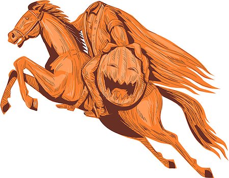 Drawing sketch style illustration of the headless horseman or galloping Hessian of sleepy hollow riding a horse and holding out his pumpkin head viewed from the side set on isolated white background. Stock Photo - Budget Royalty-Free & Subscription, Code: 400-08708760