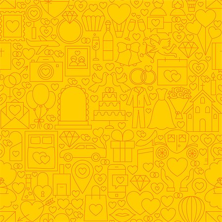 simsearch:400-08836108,k - Wedding Yellow Line Tile Pattern. Vector Illustration of Outline Seamless Background. Love and Hearts. Foto de stock - Super Valor sin royalties y Suscripción, Código: 400-08708812