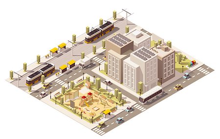 Vector isometric low poly commuter town with blocks, playground and public transport Photographie de stock - Aubaine LD & Abonnement, Code: 400-08708826