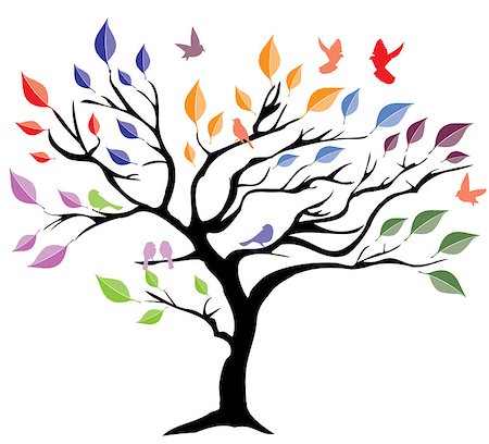 vector illustration of a tree with leaves and birds Photographie de stock - Aubaine LD & Abonnement, Code: 400-08708999