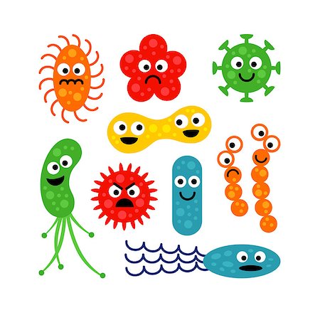 Set of cute funny bacterias, germs in flat cartoon style isolated on white background. Good and bad microbes. Art vector illustration. Photographie de stock - Aubaine LD & Abonnement, Code: 400-08709026