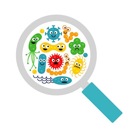Image of magnifier and cute funny bacterias, germs in flat cartoon style isolated on white background. Art vector illustration. Stock Photo - Budget Royalty-Free & Subscription, Code: 400-08709027