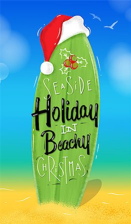 sea postcards vector - Poster Christmas surfboard lettering seaside holiday in beachy Christmas drawing in beach style Stock Photo - Budget Royalty-Free & Subscription, Code: 400-08709029