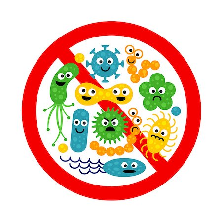 Stop bacterium sign with many cute cartoon gems in flat style isolated on white background. Alert circle symbol for antibacterial products. Art vector illustration. Photographie de stock - Aubaine LD & Abonnement, Code: 400-08709032