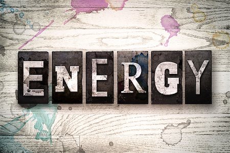 simsearch:400-08709089,k - The word "ENERGY" written in vintage, dirty metal letterpress type on a whitewashed wooden background with ink and paint stains. Foto de stock - Royalty-Free Super Valor e Assinatura, Número: 400-08709101