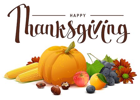Happy Thanksgiving lettering text. Rich harvest of pumpkins, grapes, apple, corn, orange. Illustration in vector format Stock Photo - Budget Royalty-Free & Subscription, Code: 400-08709147