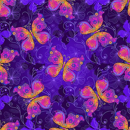 simsearch:400-07061067,k - Seamless spring dark violet pattern with colorful butterflies and flowers (vector) Foto de stock - Super Valor sin royalties y Suscripción, Código: 400-08709167