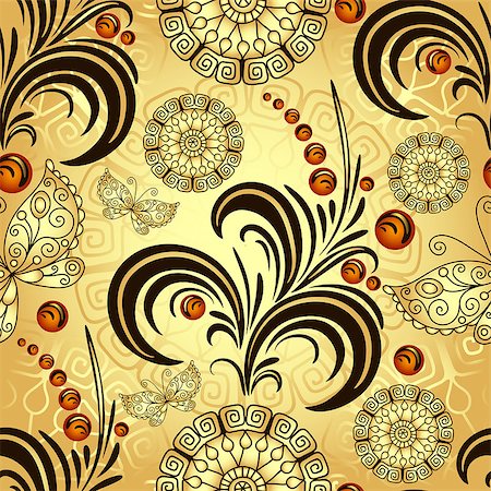 simsearch:400-07061067,k - Golden seamless gradient pattern with vintage swirls, circles, berries and butterflies, vector Foto de stock - Super Valor sin royalties y Suscripción, Código: 400-08709279