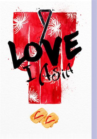 Poster red kimono lettering I love asia drawing with drops and splash on watercolor paper background Stock Photo - Budget Royalty-Free & Subscription, Code: 400-08709384