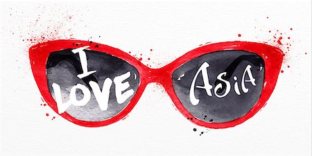Poster red glasses lettering I love asia drawing with drops and splash on watercolor paper background Stock Photo - Budget Royalty-Free & Subscription, Code: 400-08709383
