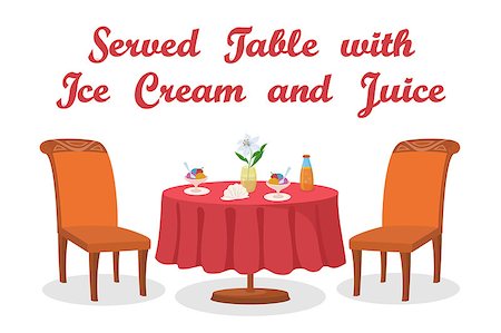simsearch:695-05770291,k - Cartoon Served Table with Ice Cream, Juice, Flower, Two Chairs, Isolated on White Background. Eps10, Contains Transparencies. Vector Stockbilder - Microstock & Abonnement, Bildnummer: 400-08709548