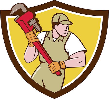 simsearch:400-07511158,k - Illustration of a plumber holding giant pipe wrench looking to the side viewed from front set inside shield crest on isolated background done in cartoon style. Foto de stock - Super Valor sin royalties y Suscripción, Código: 400-08709609