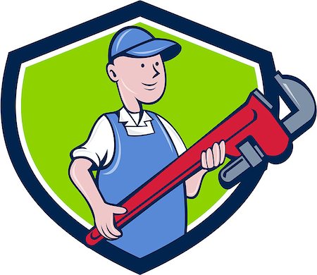 Illustration of a mechanic cradling holding giant pipe wrench looking to the side viewed from front set inside shield crest on isolated background done in cartoon style. Stock Photo - Budget Royalty-Free & Subscription, Code: 400-08709657